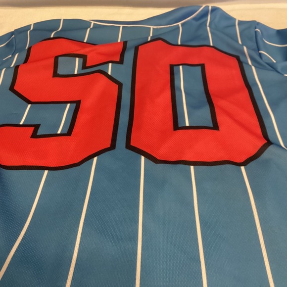 Peanuts Snoopy Baseball Jersey Blue Pinstripe Button Up Short Sleeve Small 50 - Picture 5 of 9